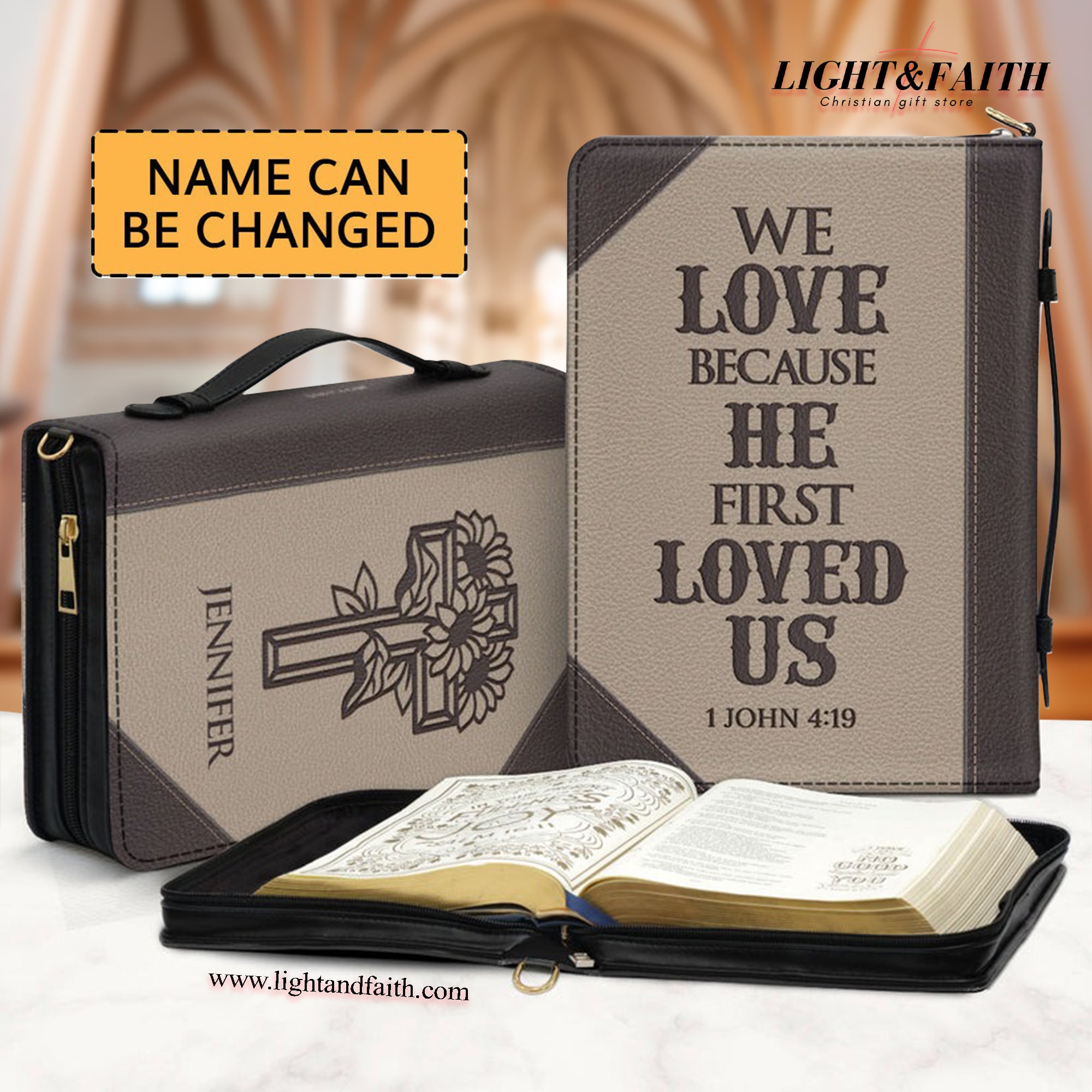 We Love Because He First Loved Us Leather Book Cover, Meaningful Personalized Bible Cover, Christian Gift, Bible Covers Jesus Gifts BCLAF08